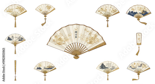 Collection of ornate antique Chinese folding fans with gold accents and tassels on white background
