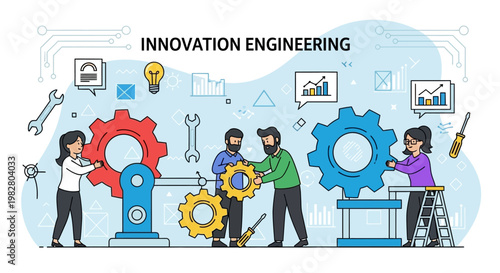 Innovation Engineering Teamwork: People assembling gears, symbolizing collaboration and problem-solving