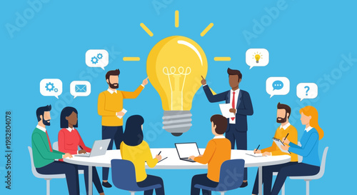 Team brainstorming innovative ideas around a giant lightbulb at a meeting table