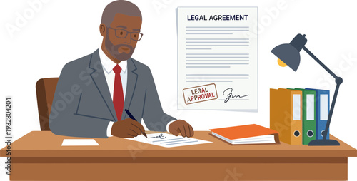 A man in a suit sits at a desk signing a legal agreement document indoors