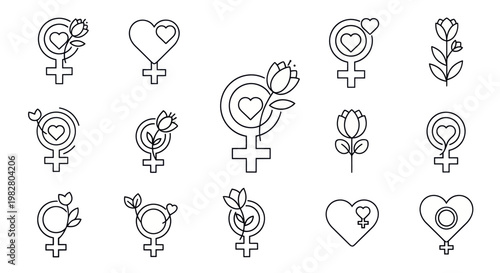 Feminine Symbols Set: Venus Icons with Flowers and Hearts, Line Art