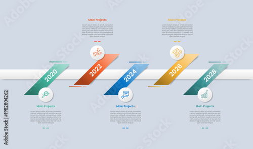 Timeline horizontal base infographic with glossy gradient style with tilt ribbon badge with shadow on horizontal line direction with five segment information