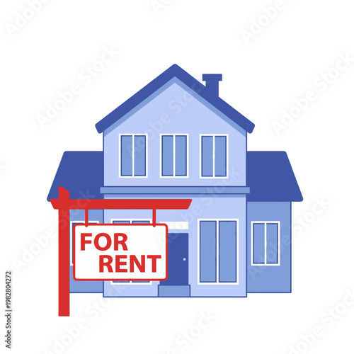 Blue house with for rent sign vector illustration representing rental property, leasing business, and residential real estate concept.