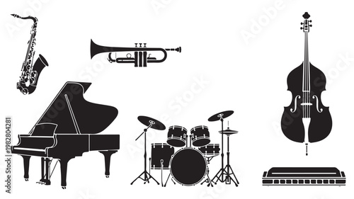 Music band instruments silhouette set, drum piano