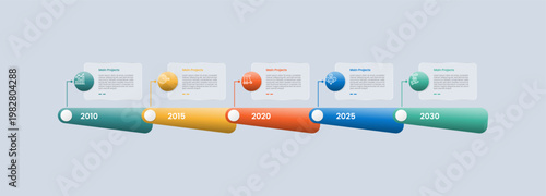 Timeline horizontal base infographic with glossy gradient style with circle and round rectangle unbalance shape with line connection with five segment information