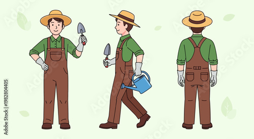 Gardener in Overalls and Hat with Tools and Watering Can, Front, Side, Back Views