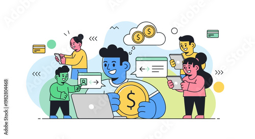 Diverse people using laptops and tablets for online shopping and financial transactions with coins.
