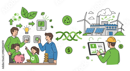 Family saving energy, green energy production, sustainable future, eco-friendly lifestyle