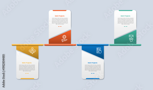 Timeline horizontal base infographic with glossy gradient style with round rectangle with skew badge with cut slice up and down with four segment information