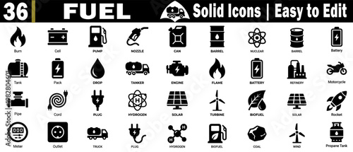 Fuel solid icons set. Collection representing different energy sources and related objects for use in applications and websites, vector illustration.