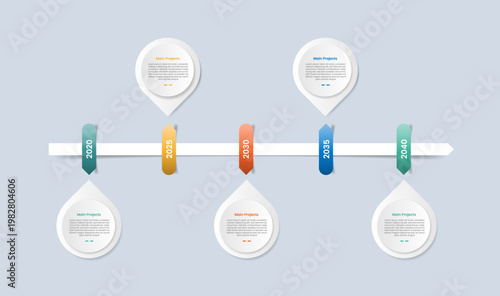 Timeline horizontal base infographic with glossy gradient style with vertical badge title with pin maps tagging location wave up and down with five segment information
