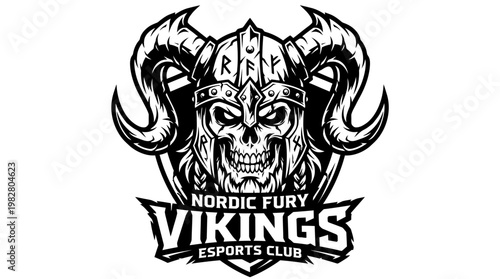 Viking warrior skull wears horned helmet with Nordic fury esports club logo