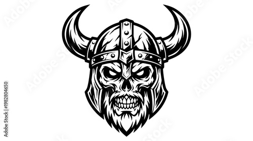 Viking warrior skull wears horned helmet and shows aggressive expression