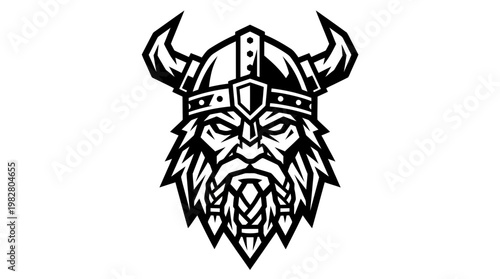 Viking warrior head in a fierce expression wears a horned helmet