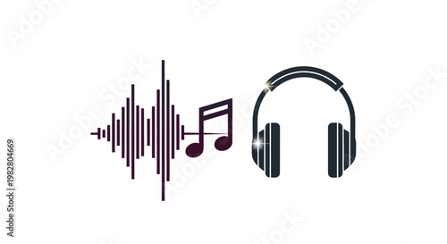 Sound wave musical note and headphones simple illustration
