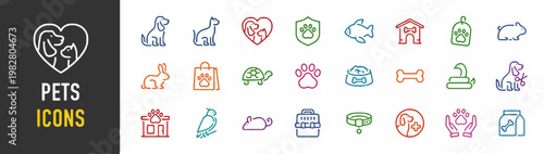 Collection of Pet Icons Dog, Cat, Bird, Fish, Paw Prints, Food, Toys, and Accessories for Pet Care and Animal Lovers