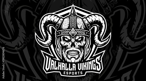 Viking skull wearing horned helmet illustration for Valhalla Vikings Esports