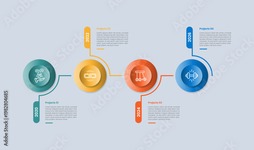 Timeline horizontal base infographic with glossy gradient style with big circle double layer with line separator upside down with four segment information
