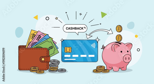 Cashback credit card, wallet, coins, and piggy bank illustration for savings and finance concept