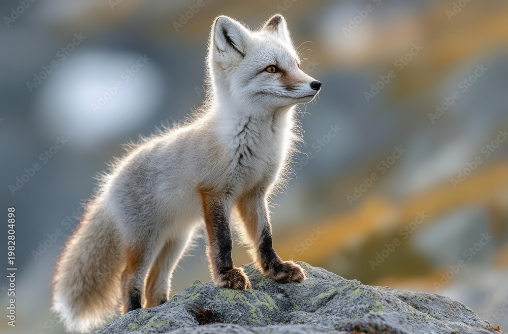 Fototapeta premium white arctic fox with golden eyes standing on a lichen-covered rock, alert and curious, backlit soft fur glowing against a serene blurred mountain background