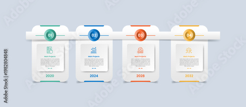 Timeline horizontal base infographic with glossy gradient style with round rectangle vertical with circle badge linked on rectangle with four segment information