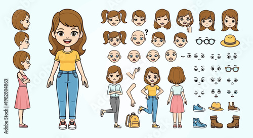Young Girl Character Creator Kit: Front, Side, Back Views, Expressions, Outfits, Accessories