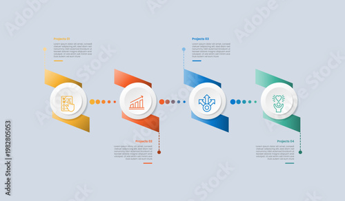 Timeline horizontal base infographic with glossy gradient style with big circle skew tilt ribbon with dotted line connector with four segment information