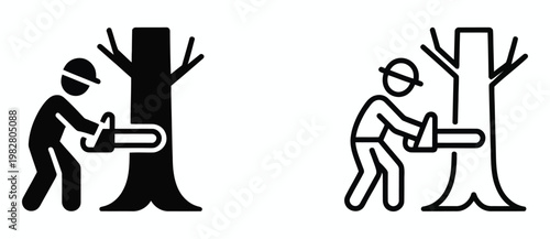 Professional lumberjack using chainsaw to cut tree icon set, forestry and timber industry concept in modern line and flat vector style, representing logging operations, wood harvesting