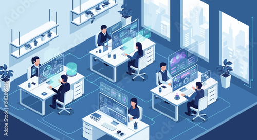 Futuristic Office with Holographic Displays and Data Analysis