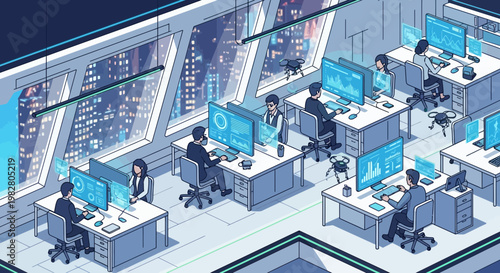 Modern office with people working on computers and data visualization on screens, city skyline background