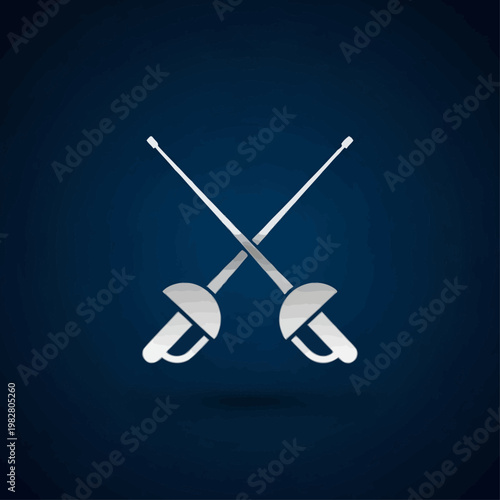 Two crossed silver fencing foils on dark blue background