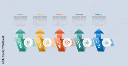 Timeline horizontal base infographic with glossy gradient style with skew and tilt badge with arrow top direction and circle connector with five segment information