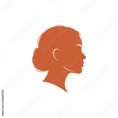 Woman head silhouette profile in terracotta with hair bun