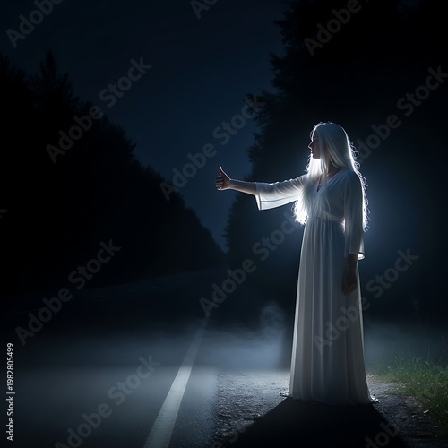 Woman in white dress hitchhiking at night with illuminated background