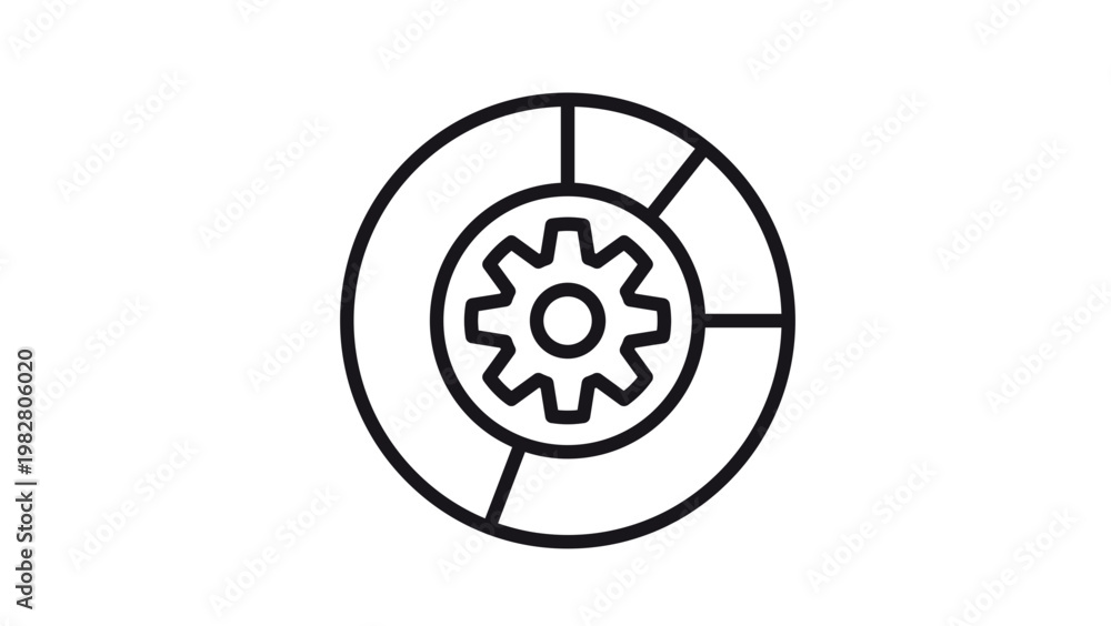 Fototapeta premium Black Vector Icon Illustration of a Gear Inside a Segmented Pie Chart Circle, Representing Data Processing, Business Analytics, Configuration Settings, and Workflow Optimization Management.