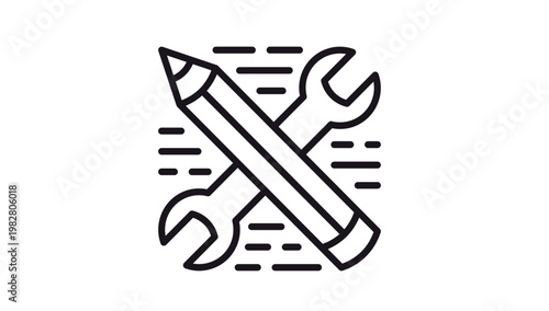 Black and white vector icon illustration of a crossed pencil and wrench, representing the concept of design, engineering, technical drawing, repair, maintenance, and creative construction.