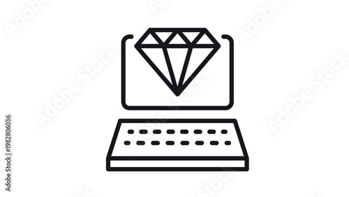 Minimalist black vector icon illustration of a laptop computer with a large diamond on the screen, symbolizing digital assets, premium software, high-quality web design, and valuable online data.