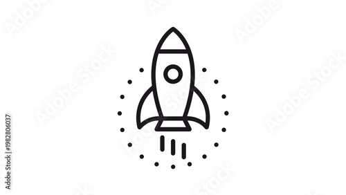Billede på lærred Black line vector icon of a rocket ship launching with exhaust trails and a dotted circular border