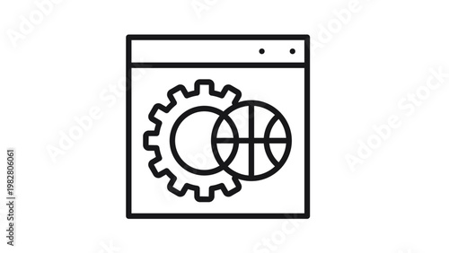 Web development and global configuration vector icon featuring a browser window with a gear and globe symbol, ideal for internet settings, network management, and website optimization graphics.