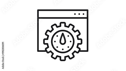 Website Page Speed Optimization and Performance Monitoring Vector Icon. Black Line Illustration of a Browser Window with a Gear and Speedometer Gauge for SEO and Web Development Concepts.