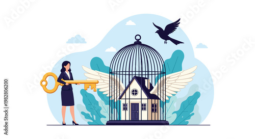 Symbolic illustration of a woman holding a giant gold key next to a caged house with wings representing freedom and unlocking property potential.