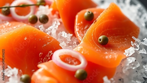 mutiny. Close-up of smoked salmon slices on ice with capers and onion. menu design, packaging mockups, designed for food delivery and cloud-kitchen brand materials, supports restaurant marketing.