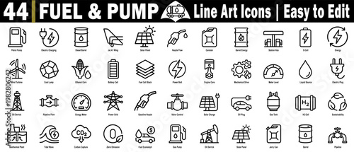 Fuel and pump line art icons. Featuring web design and applications representing various energy sources and transportation methods, vector illustration.