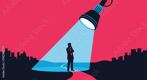 Thoughtful businessman stands under a bright spotlight on a path towards a city skyline representing career goals and future decision making.
