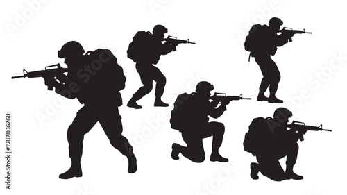 Soldiers combat action silhouettes, military operation