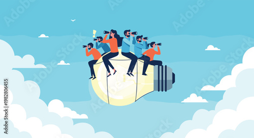 Creative team of people sitting on a giant flying lightbulb through the clouds while searching for new ideas with binoculars and cameras.