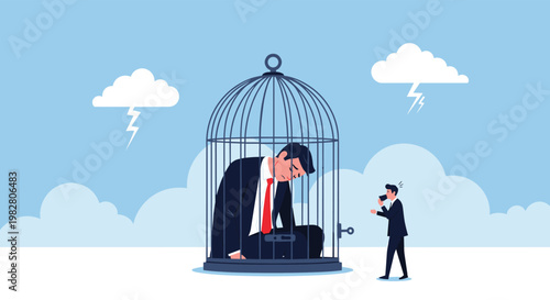 Sad businessman sits inside a large birdcage while another man watches him from outside representing burnout feeling trapped or mental struggles.
