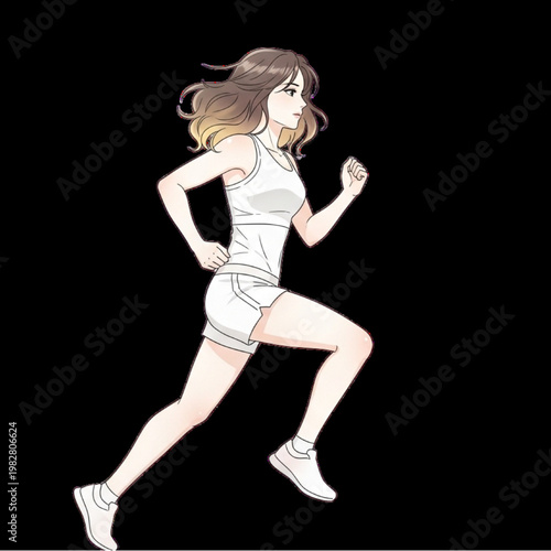 A woman in a white outfit is running quickly outdoors in daytime.