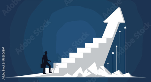 Silhouette of a motivated person walking up a staircase that is shaped like an upward arrow representing continuous progress and career growth.