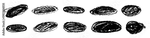 Black charcoal round strokes collection. Grunge hand drawn textures made with oil pastel pencil.